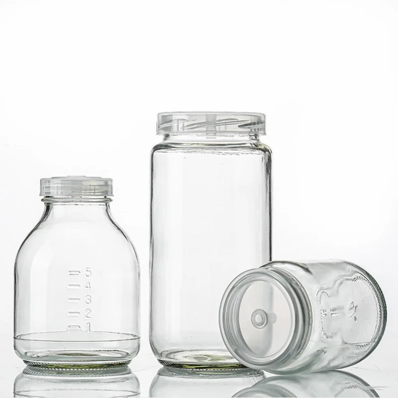 Empty  Laboratory Clear Glass 240ml 330ml 480ml 620ml Tissue Culture Bottle With Air Hole Plastic Screw Cap