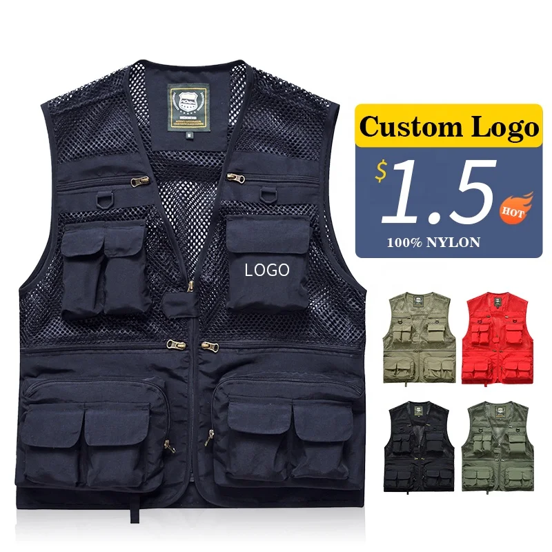 Multi-pocket fisherman vest logo work coat vest fishing hiking reporter photography camping hunting vest
