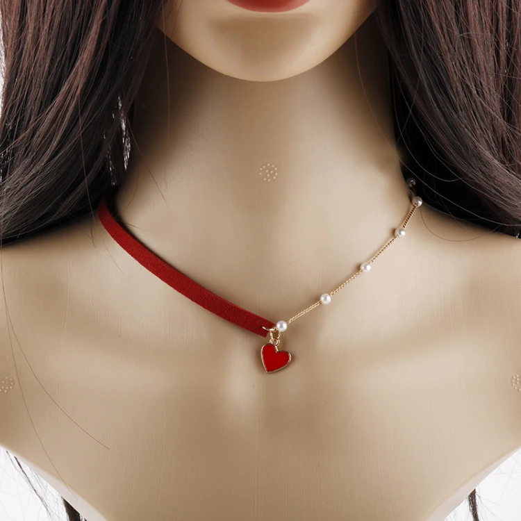 Simple Temperament Short small love Heart pendant Necklace red enamel heart charm choker with half velvet pearl chain for women
