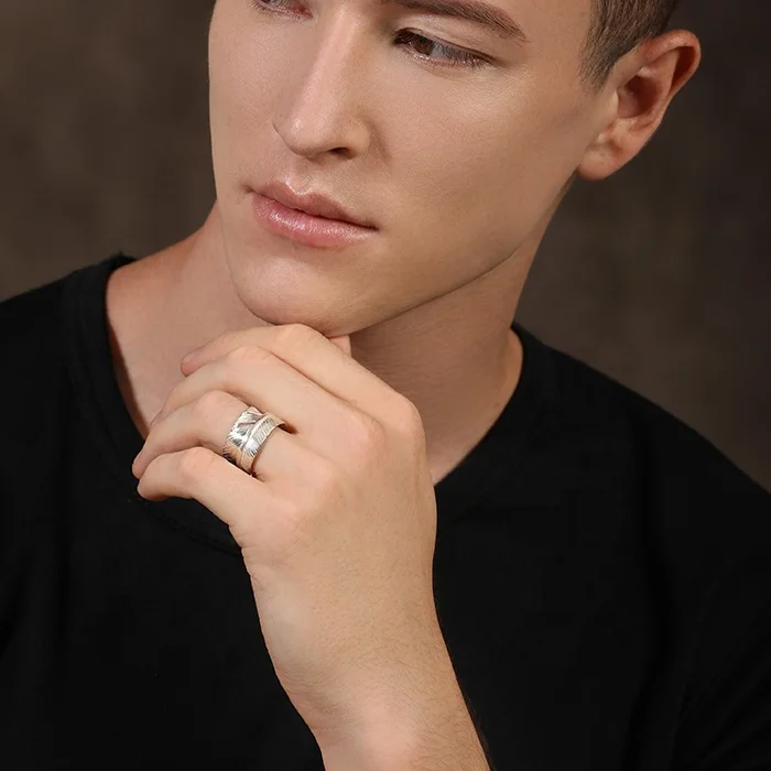 Marvelcolour Special design silver Jewelry S950 Sterling Eagle Feather handicraft free size Ring for men women fashion wearing