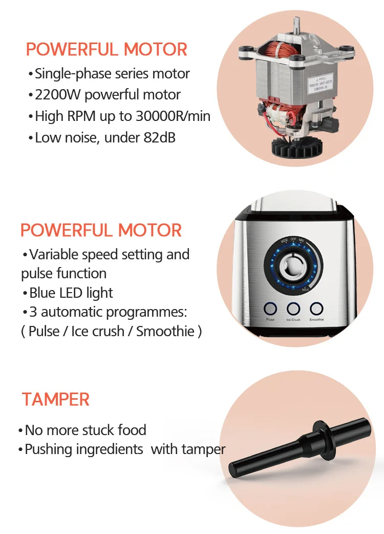 Commercial blender with electric vacuun pressing cover heavy duty powerful 2200W variable speeds ice crush 6  blades