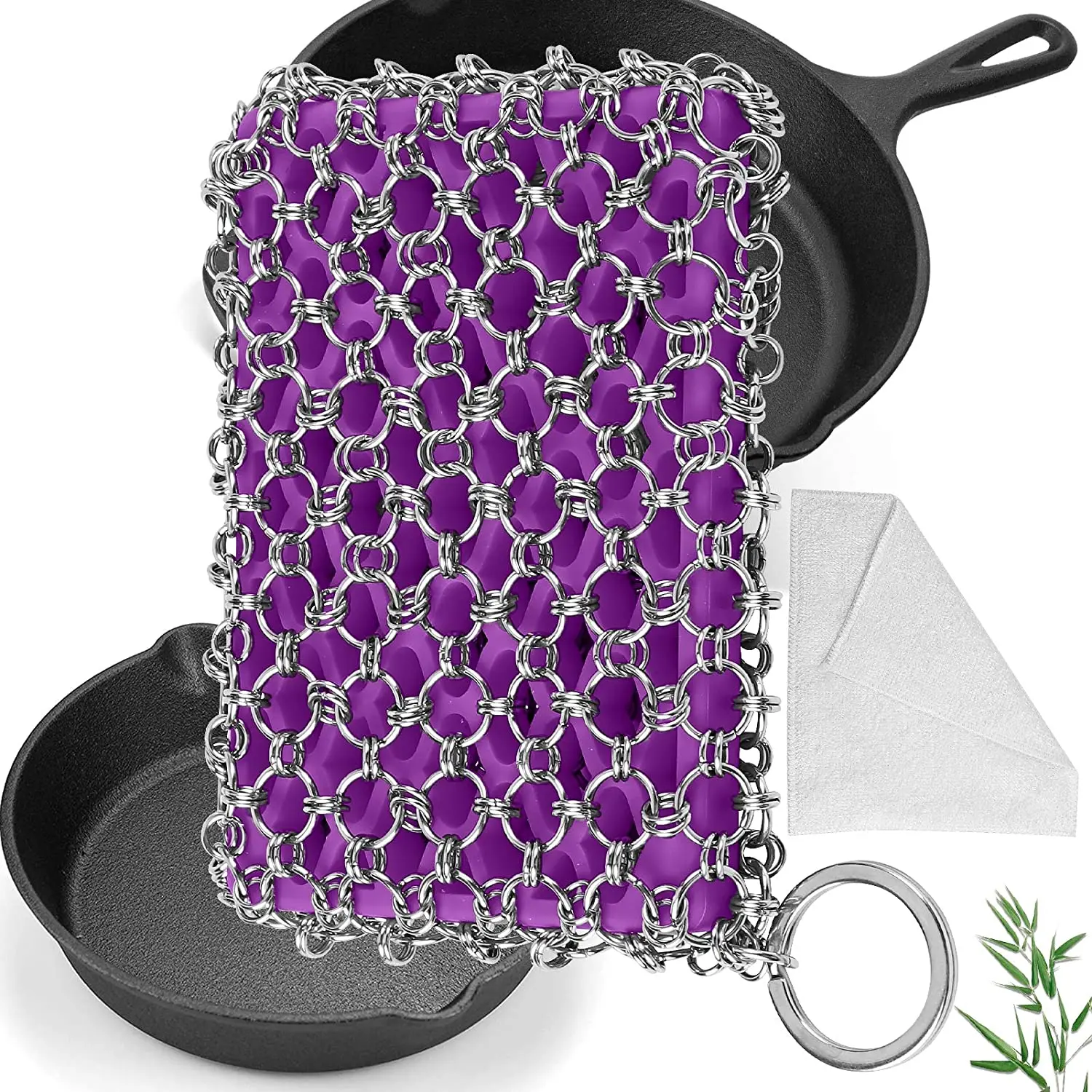 Stainless Steel Kitchen Tool Cleaning Cast Iron with Chain Mail Scrubber With Hollow Silicone Rubber Pad