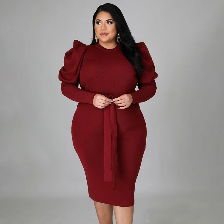 2022 Spring Women Plus Size Fashion Clothing Office Wear Puff Long Sleeve Cocktail Dresses Formal Elegant Even Sheath Dress