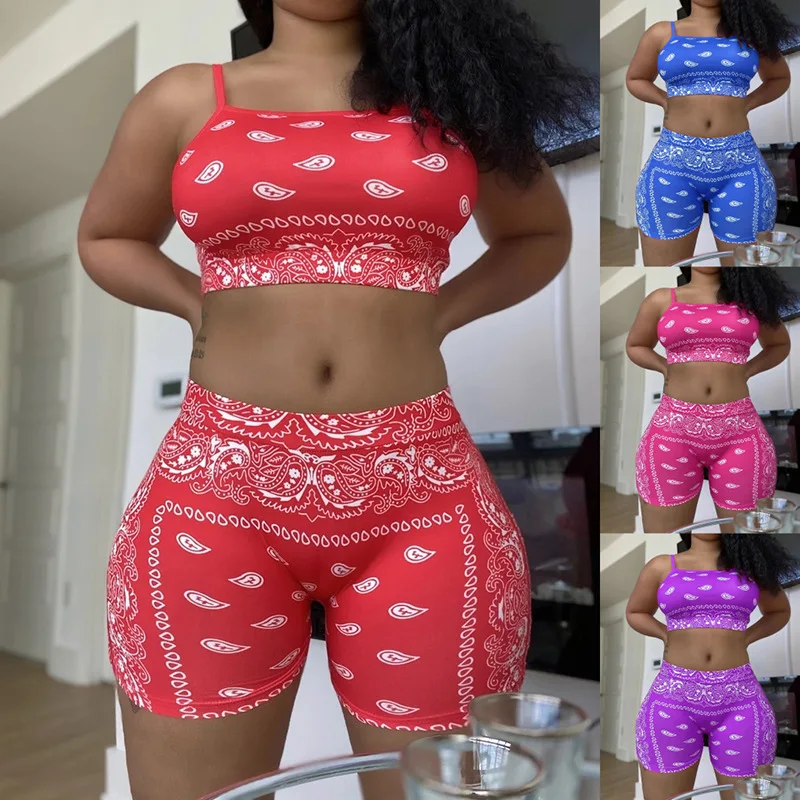 2021 Summer Traje de verano de dos piezas Custom Lounge Yoga Perlis Cashew Print Biker Bandana Shorts Two Piece Set for Women
