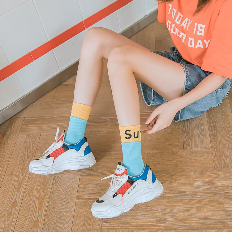 2020 new design candy color cotton socks week letter fashion cool socks crew socks customize
