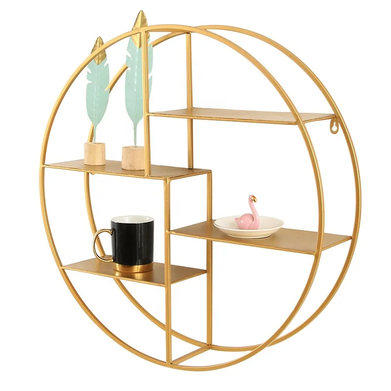 Round Metal Wall Golden Shelf 4 Levels Mounted Iron Hanging Storage Floating Shelves for Living Room Bedroom Bathroom Office