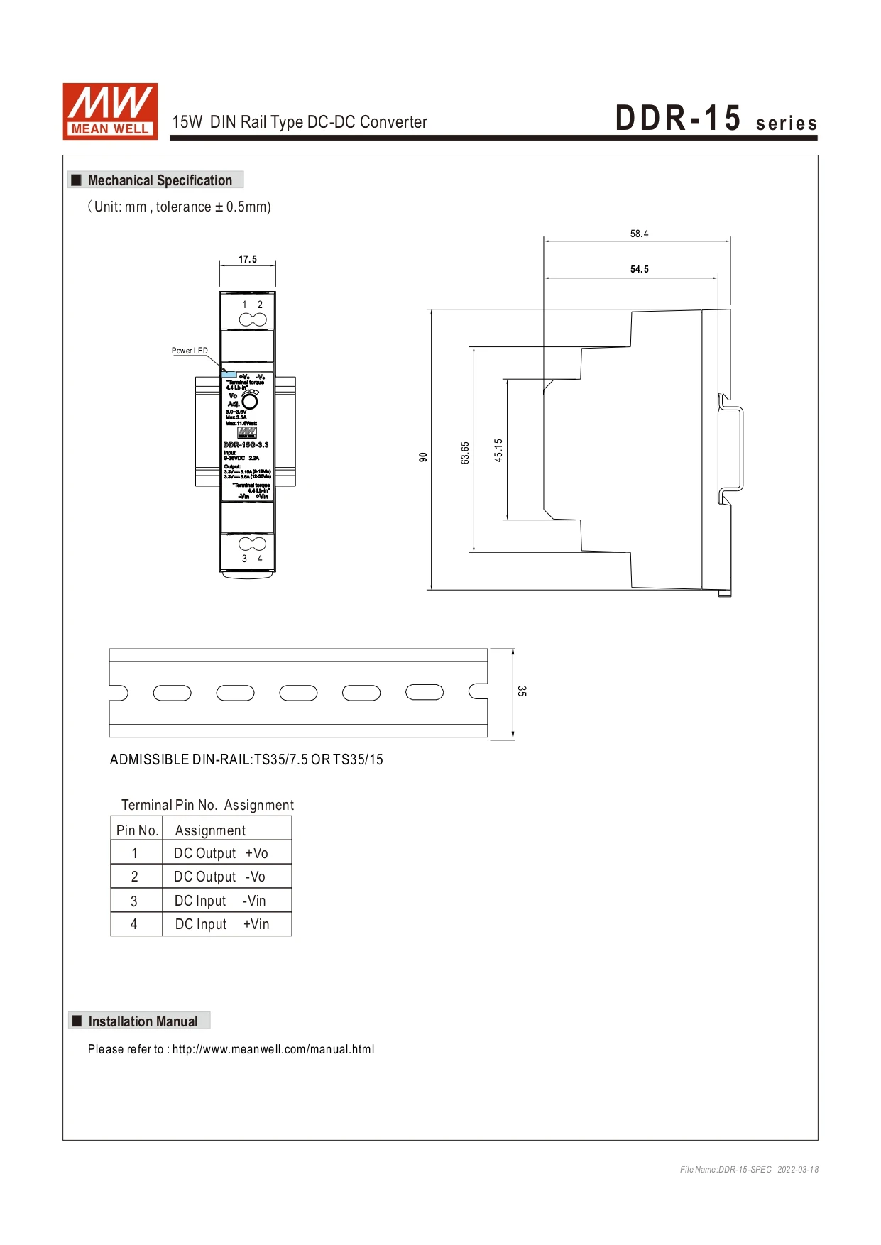 Meanwell DDR-15L-12 15W 18 ~ 75vdc to 12vdc DIN Rail Type DC-DC Converter PSU Switching Power Supply Single Output