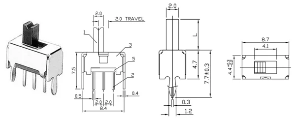 SS-12D02 G7 Two Position Mini 7MM  Slide Switch With 1P2T Customize Button Height
