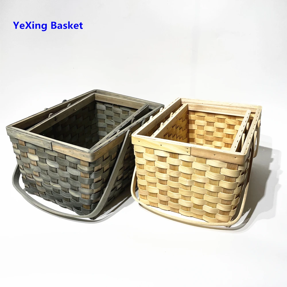 Picnic basket ,woodchip Hand made basket with lid ,natural color out side basket