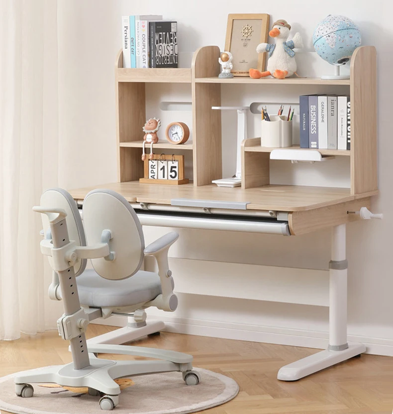 Wood Kids Desk and Chair Set Height Adjustable and Tilt Desktop, Study Desk with Bookshelf, Book Stand and Bookstop