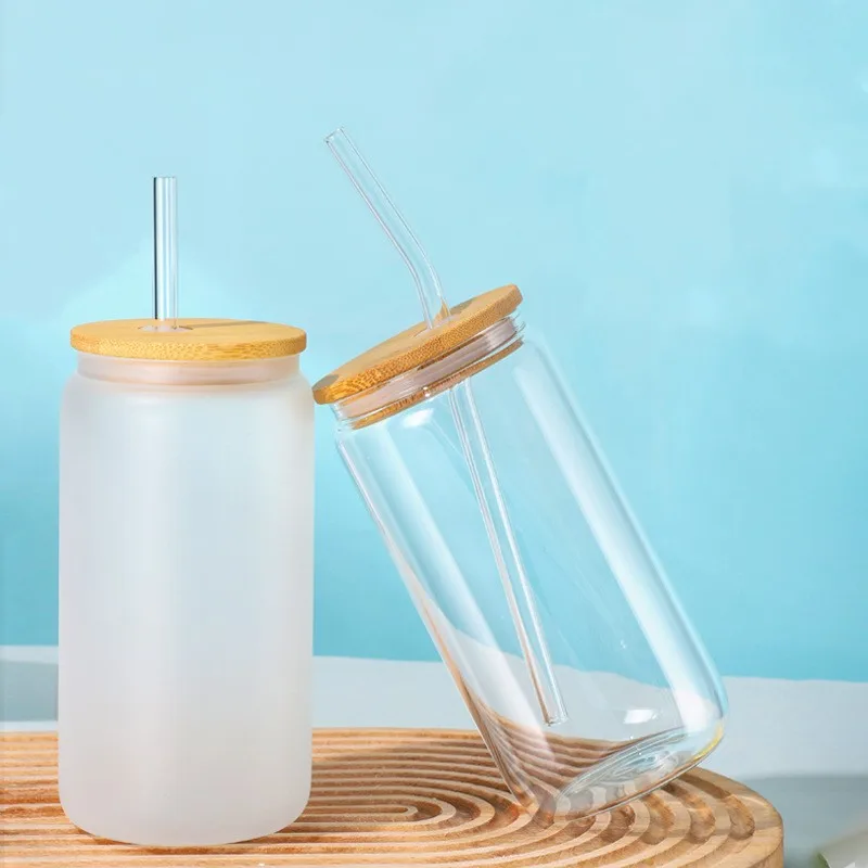 Hot Sale Sublimation Blank Tumbler Mug Transparent 16 oz Beer Glass Cans With Bamboo Lid And Glass Straw