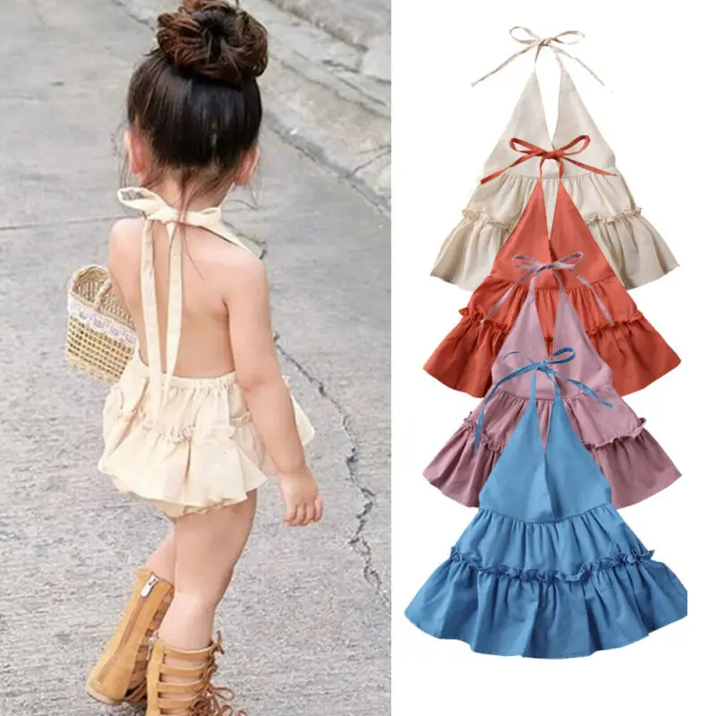 
Summer blue Infant Baby Girl Romper Dress kids Clothes Ruffles Solid Sleeveless Belt Deep V Neck Jumpsuit Outfits Sunsuit 