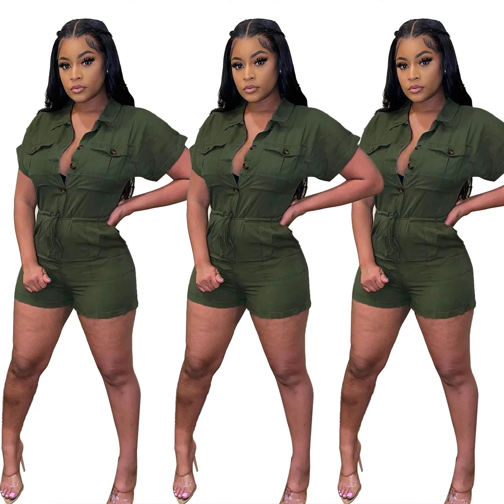 Wholesale fashion cardigan waisted woven jumpsuit playsuits for women