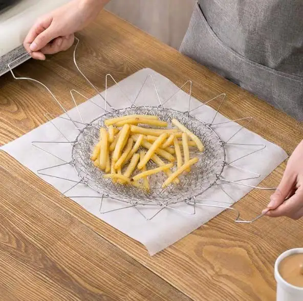 304 stainless steel frying basket home fries fried chicken wings telescopic folding round filter drain basket fried basket_3