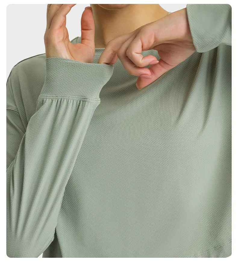 SHINBENE JACQUARD Plain Lightweight Fitness Workout Crop Pullover Women Crew Neck Long Sleeve Training Sport Cropped Sweatshirts