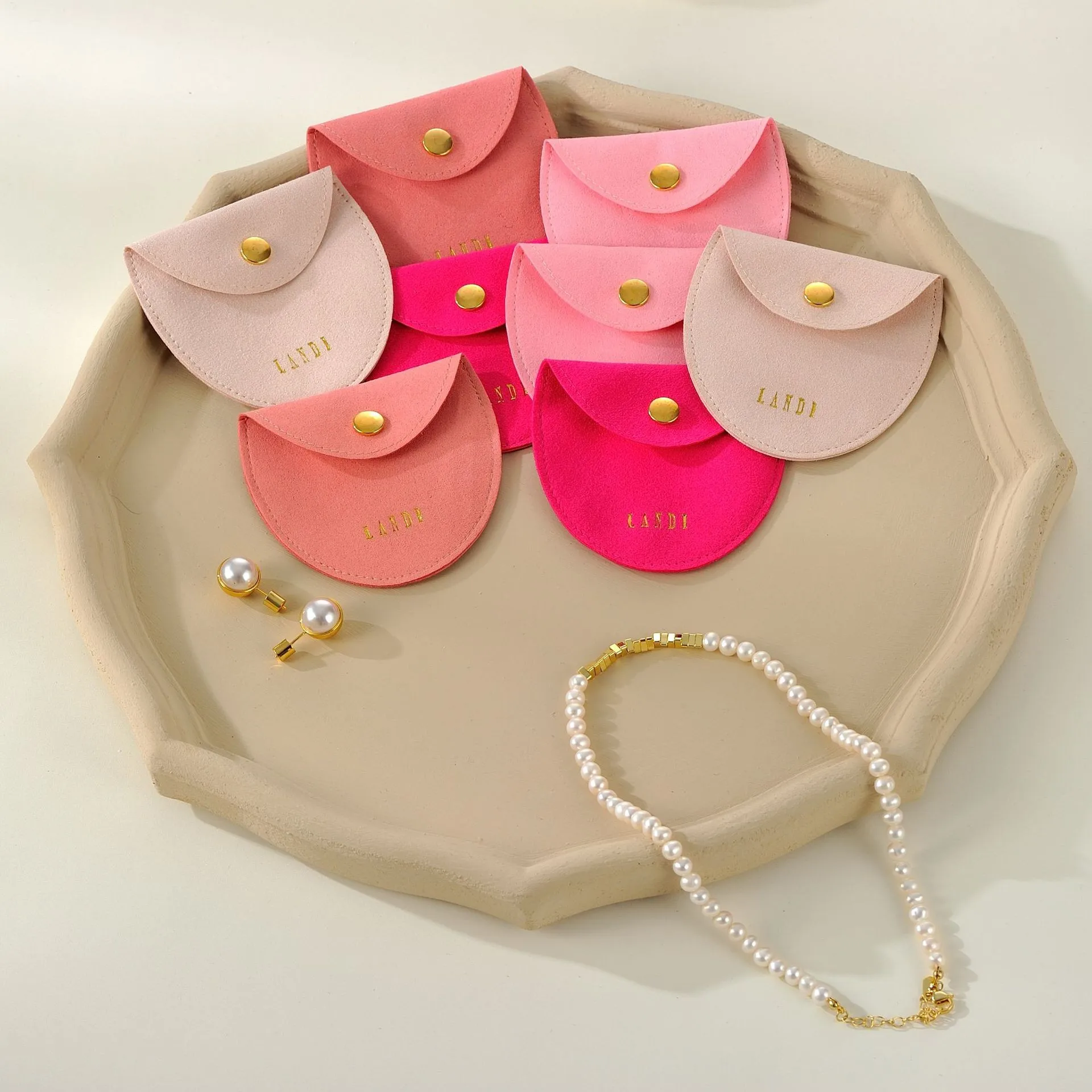 New Arrival Magnetic Box Custom Logo Drawer foldable  Box Pink Microfiber Oval Metal Buckle Bag Jewelry Pouch Set Gift Packaging