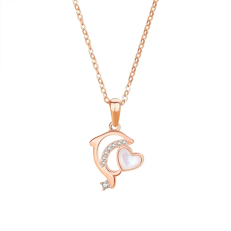 Fashion Jewelry S925 Sterling Silver Plated Romantic Rose Gold Love Dolphin Necklace Pendant For Girlfriend Gift