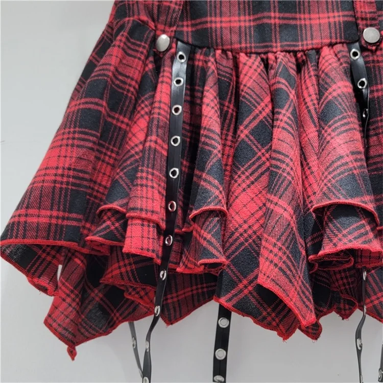 Irregular Red and Black Plaid Pleated Skirt for Women 2024 Spring/Summer New Sexy Hot Short Hip Skirts