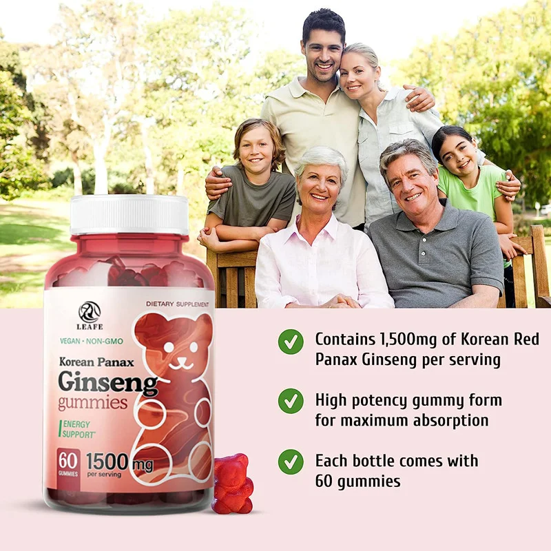 Halal Vegan Red Ginseng Gummies Energy & Brain Supplement Gummy Suger Free Stress Relief Ginseng Gummies Mental Focus Mood Boost
