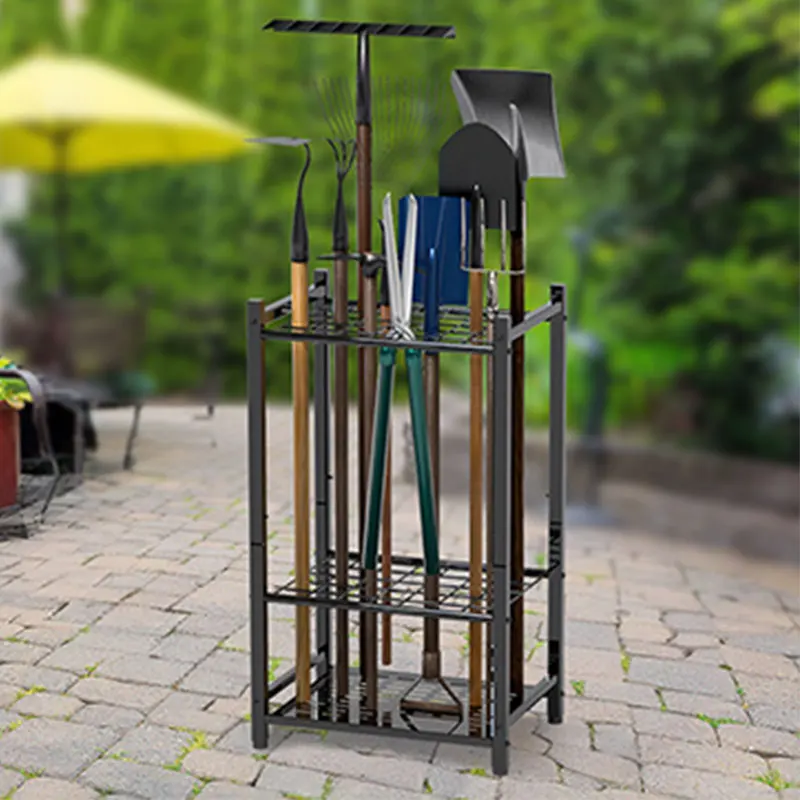 Heavy Duty Garden Tool Organizer Rack with wheel Outdoor Storage cart to 35 Long-Handled Rakes Brooms Stand for Garage Yard Shed