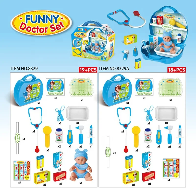 Blue suitcase child doctor 18 pieces plastic medical pretend toy set