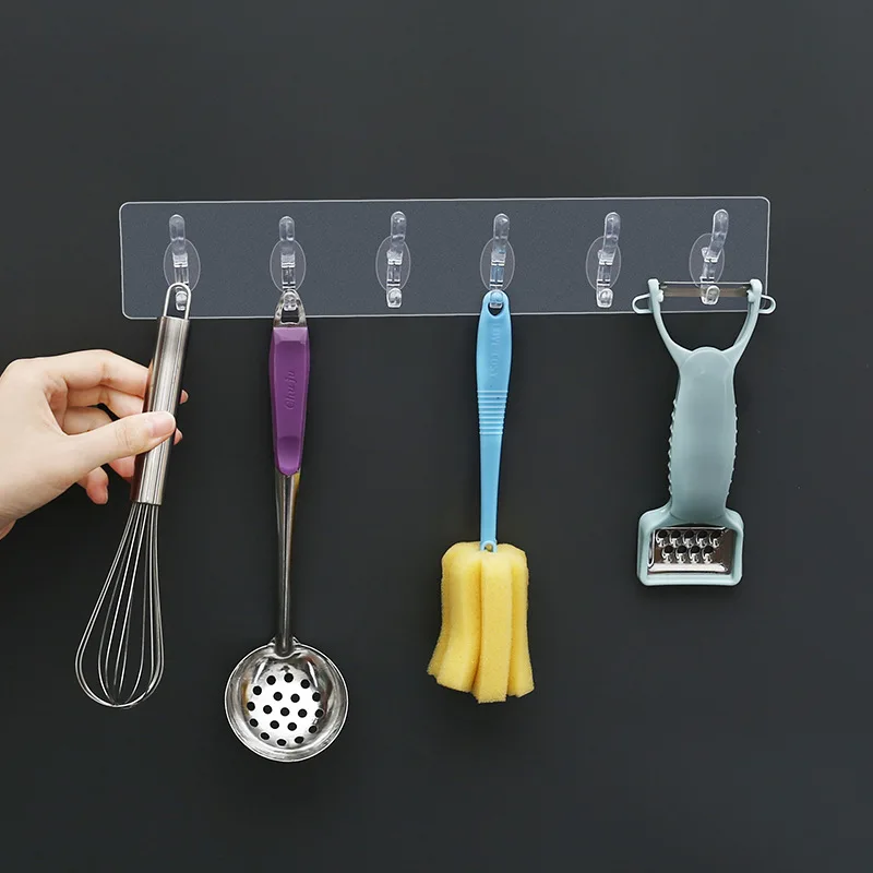 Non Perforated Multi Row Clothes Hook Transparent Adhesive 6 Row Multifunction Hooks Hat Clothes Towel Hanger Holder