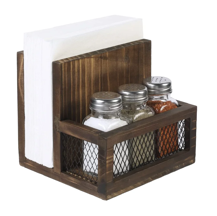 Vintage Brown Wood Paper And Condiments Holder Hotel Restaurant Napkin Holder With Pepper Pepper Shaker Caddy