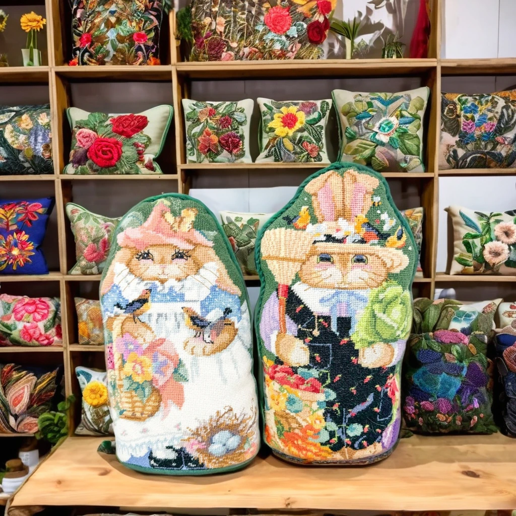 Easter Bunny Handmade cushion Farmer Cute Rabbit Standing Pillows Embroidered Needlepoint Pillowcase Home Decor