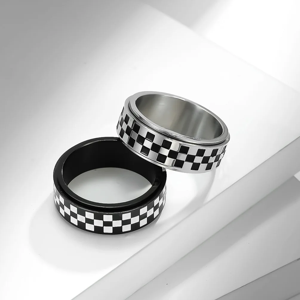 High Quality 8mm Stainless Steel Black and White Check F1 Racing Rotatable Fidget Band Anti Anxiety Stress Relief Spinner Rings