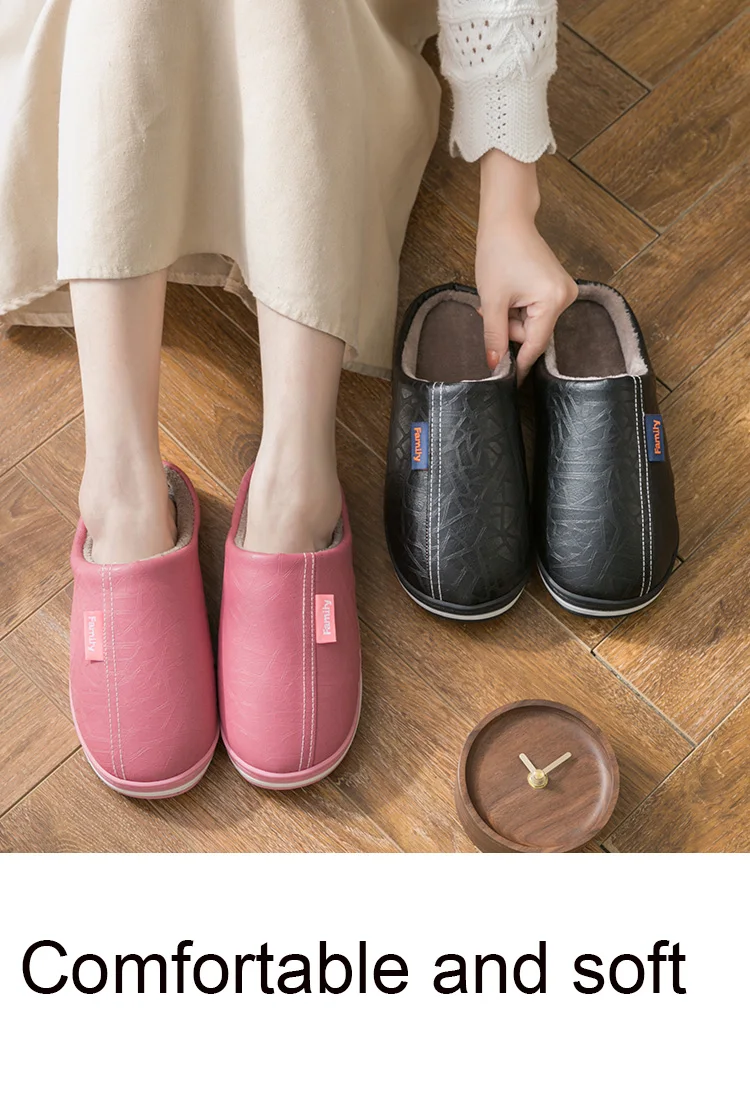 
Home slippers for men Large size Indoor slippers men PU Leather Waterproof Male slippers Winter Plush Warm 