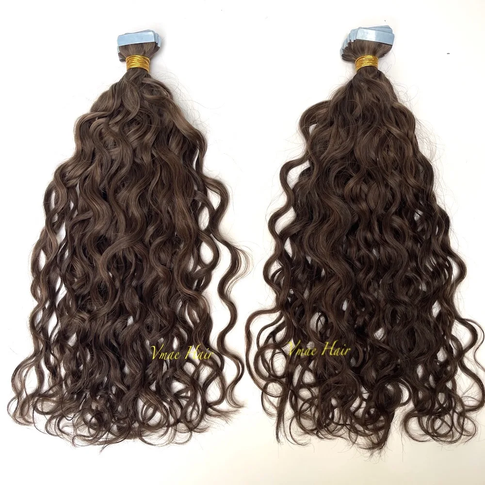Vmae Wholesale Virgin Remy Raw Indian Hair Piano Color #2 #4 Natural Wave Wavy Raw Tape Ins Extensions Human Hair