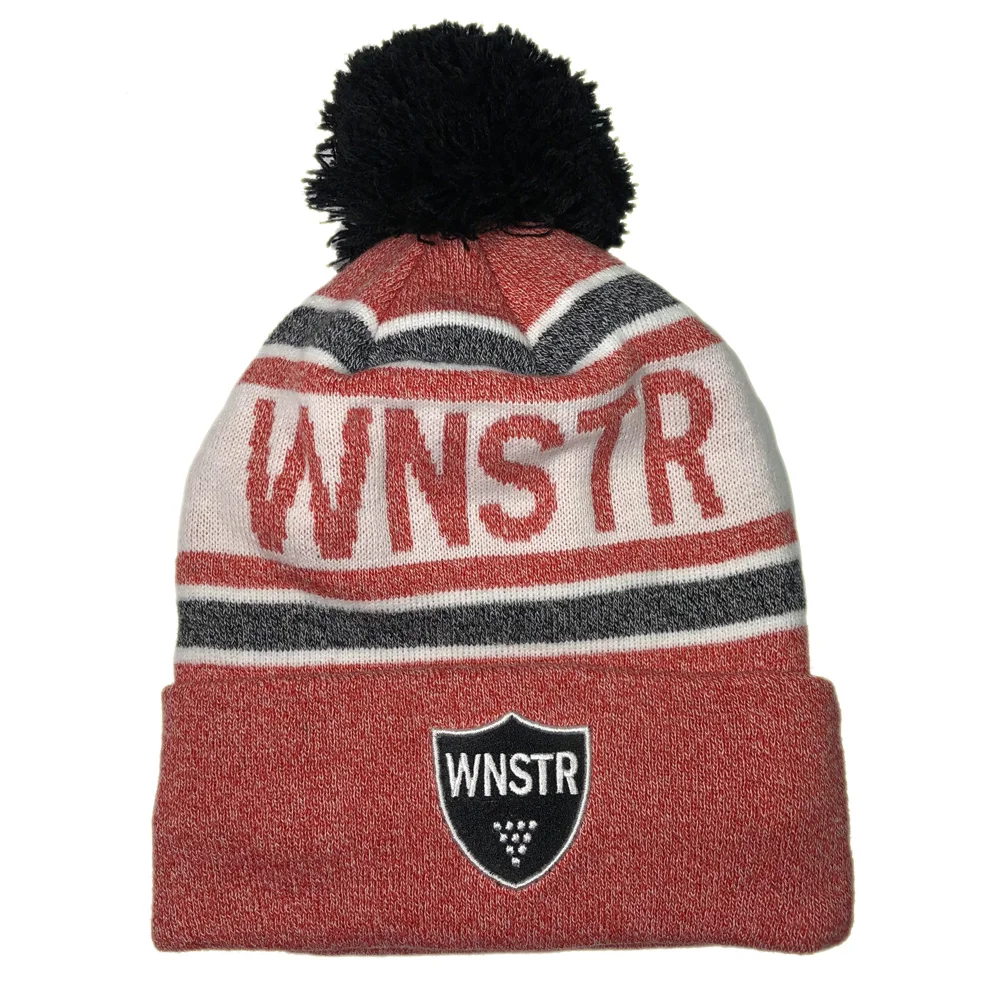 High Quality Football Jacquard Embroidery logo Pom Pom Beanie Custom Character Knitted Winter Hats Unisex Warm Skull Ski Cap