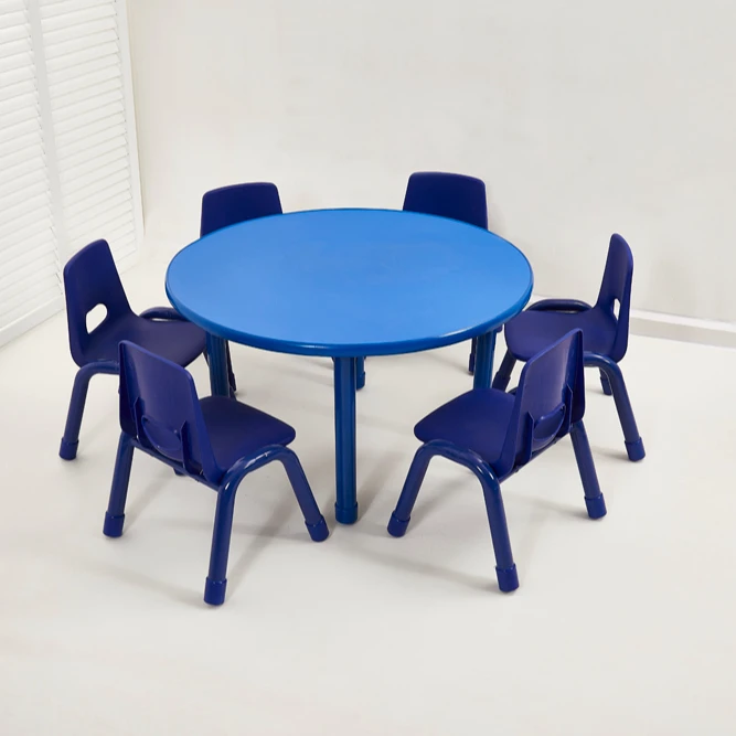 Daycare furniture plastic tables for 6 person, round children plastic table Stainless steel Lifting feet