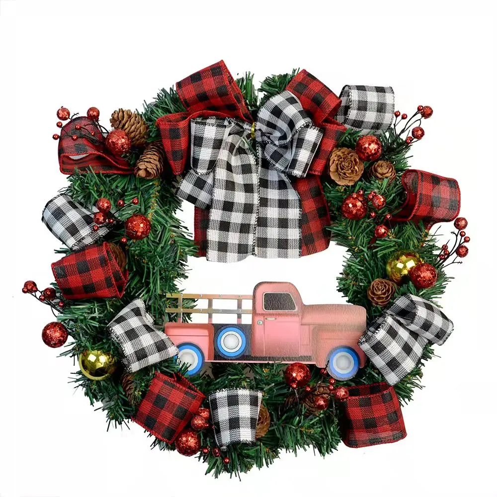 Artificial Green Wreaths With Berry Pine Cones Red Truck Ornaments Decorative Christmas Wreath Supplies Festival Home Wall Decor