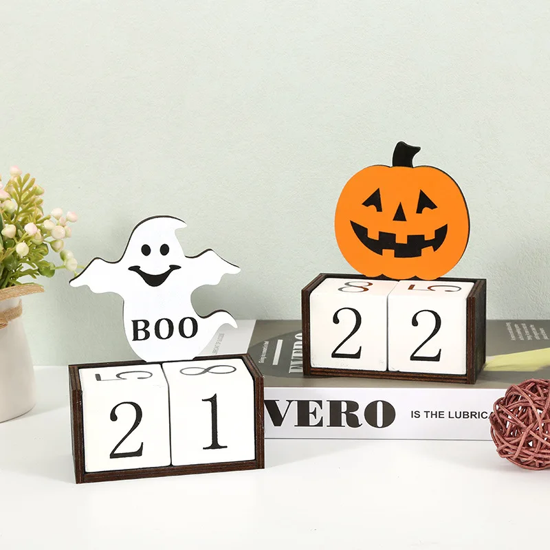 DAMAI Wood Halloween Countdown Calendar Halloween Room Decor Two Movable Numeral Blocks to Halloween Ghost Ornaments Boo Sign