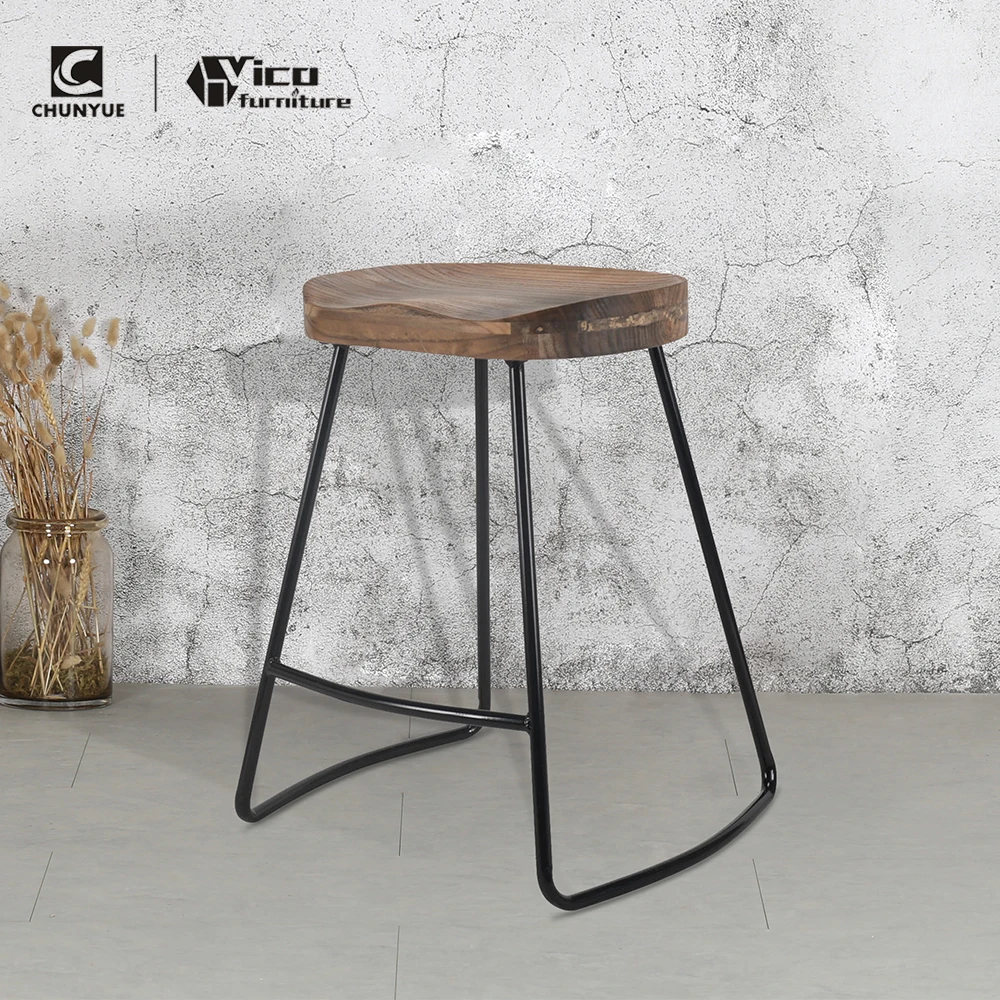 Industrial french style wooden top barstool metal bar stool