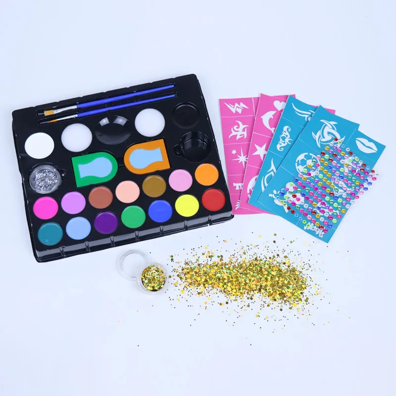 Private label customized 16 colors Face Body Paint kit with Glitters  Stencils Face Painting set for Children DIY
