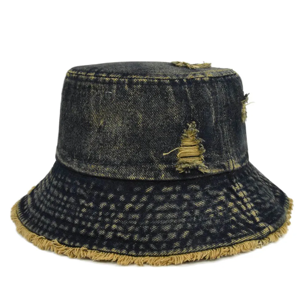 Custom Logo Frayed Brim Washed Cotton Fishing Cap Breathable Summer Sun Hats Women Vintage Denim Bucket Hat