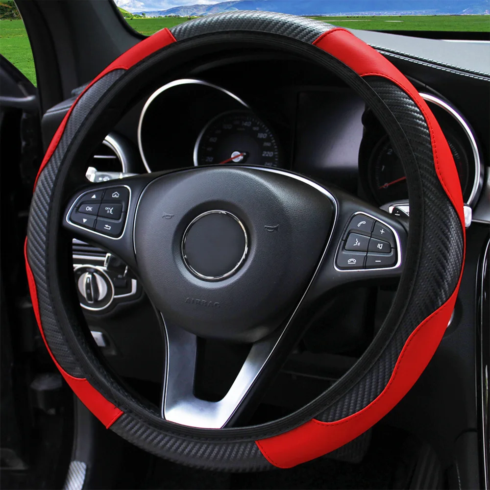 Carbon Fiber Car Steering Wheel Covers without Rubber Elastic Band Stretch Leather Steering Wheel Cover