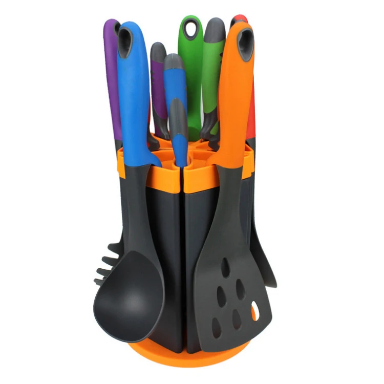 hot sale colorful cooking Nylon utensils chef knife holder set 11pcs Kitchen tools set with Rotating Stand