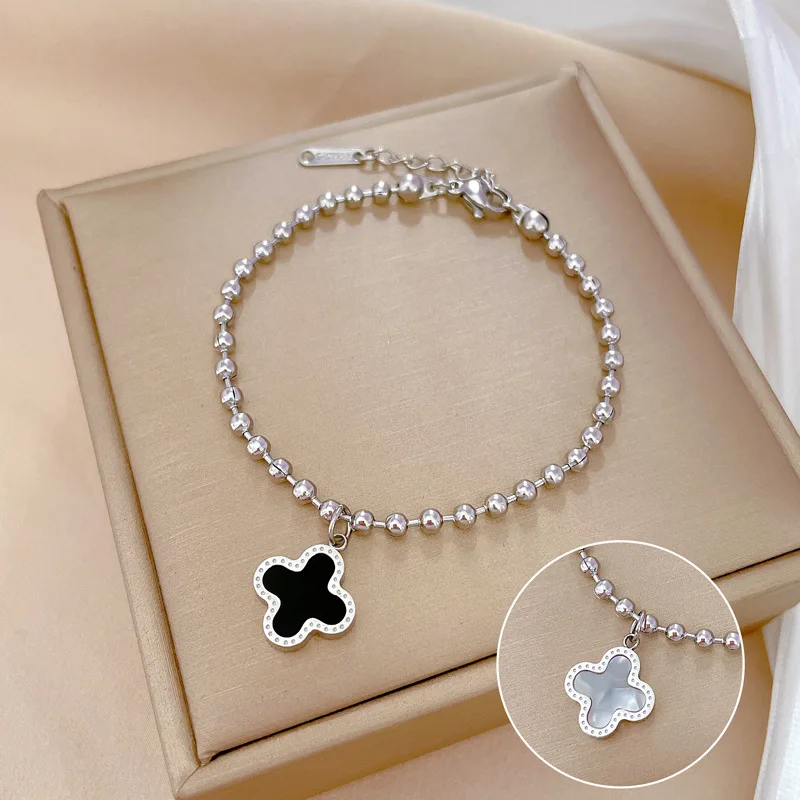 Gold Plated Ball Chain Bracelet Lucky Double-sided Stainless Steel Four Leaf Clover Bracelet for Women Girls