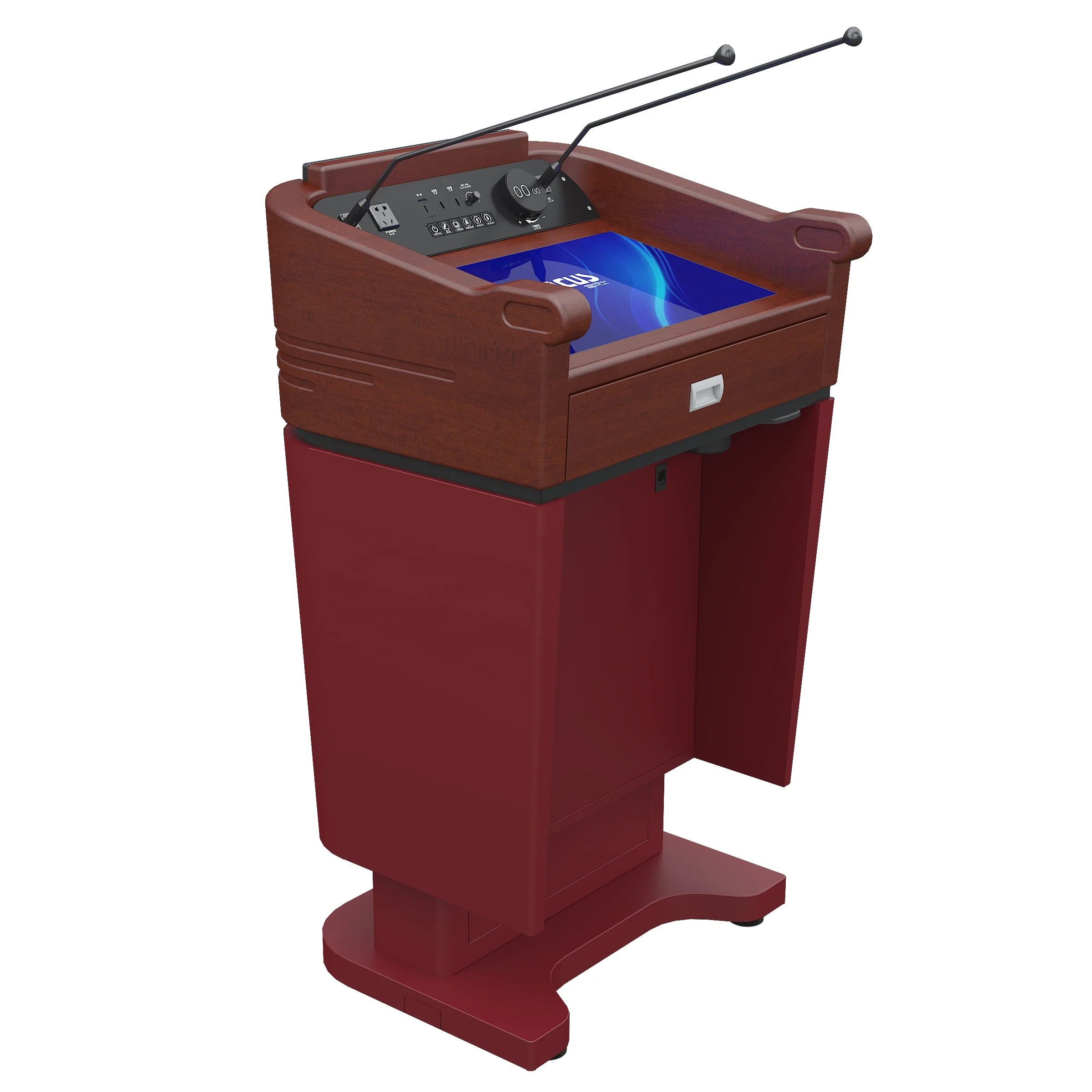 Chinese red solid wood lecture table presentation podium with double screen & electric lifter for solemn conference hall