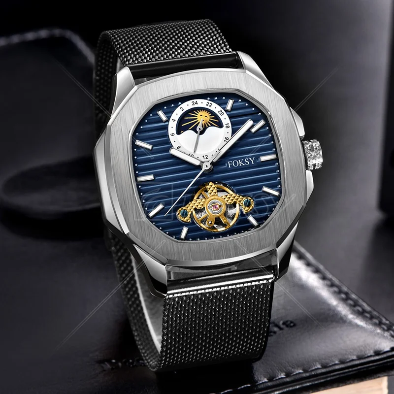 Модная обувь из натуральной кожи и лунной фазой Китай (материк) золото Tourbillon Летающий автоматический механизм наручные роскошный квадратный мужские механические часы