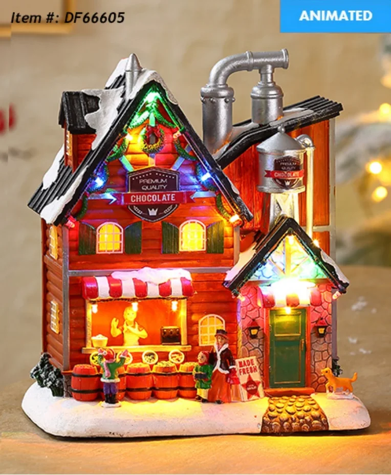 Lighted House Christmas Village Winter Houses with Led Light Christmas Figurines Christmas Winter Scene w Moving Seesaw & Music