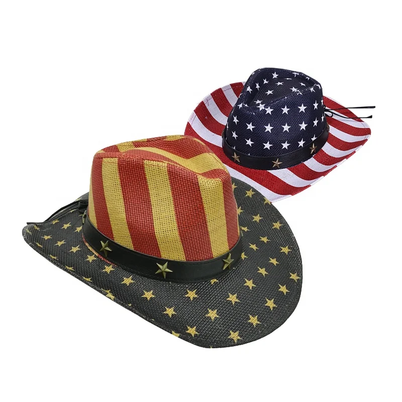 
Высококачественная бумажная соломенная ковбойская шляпа, США, американский флаг, шляпа со звездами и полосками, соломенная шляпа с корректируемыми краями  (60785839178)