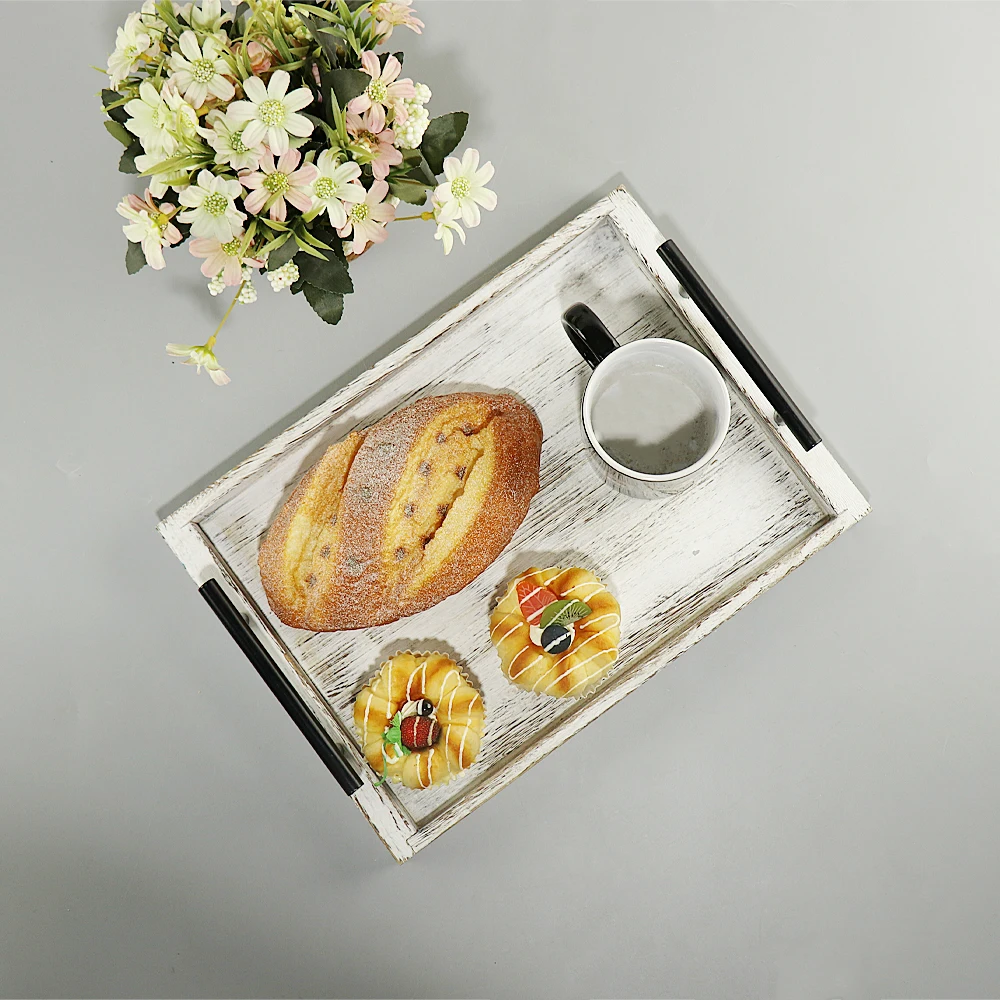 Antique Food Serving Trays Wooden Tray with Metal Handles Stylish Farmhouse Decor Serving Platter