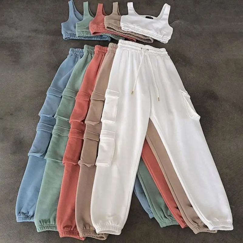 
XJSY003 Custom logo knit two piece set women clothing jogger with pockets and crop top vest set 