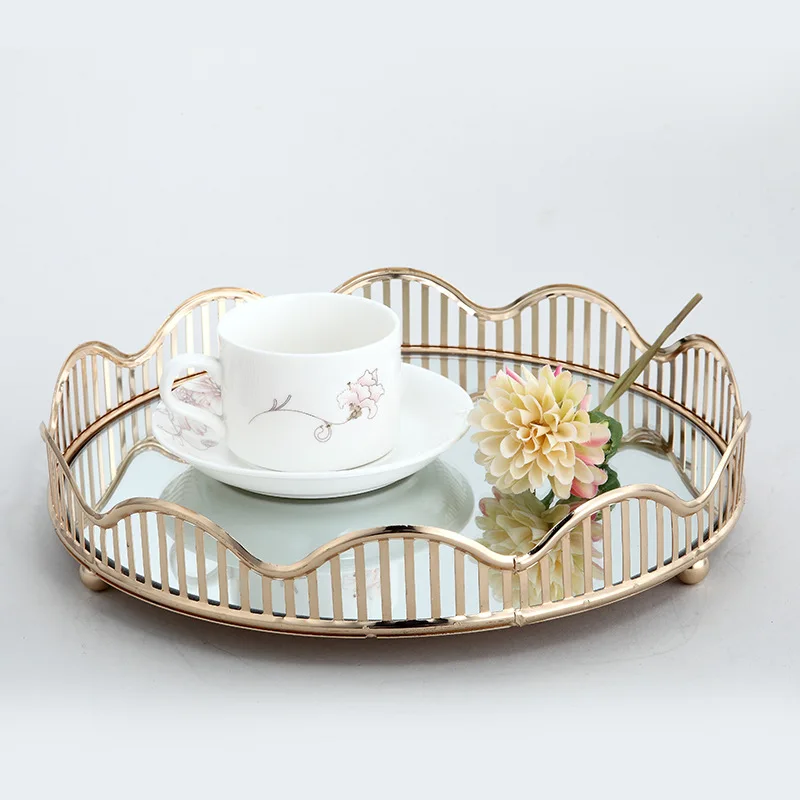 Home Elegant Luxury Mirror Tray Metal Round Gold Service European Style Set Jewelry Storage Tray