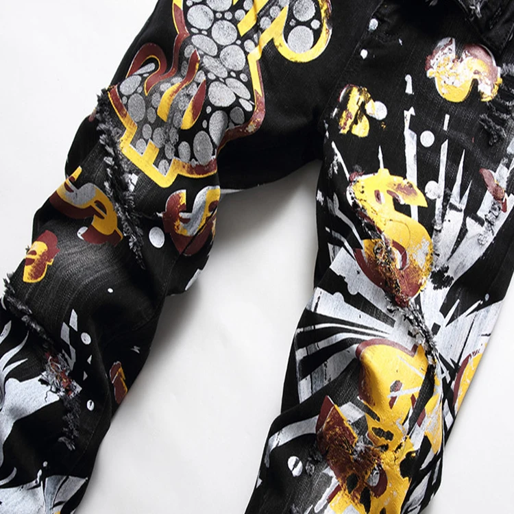 
oem mens graffiti jeans stretch with holes skinny jeans men 2020 