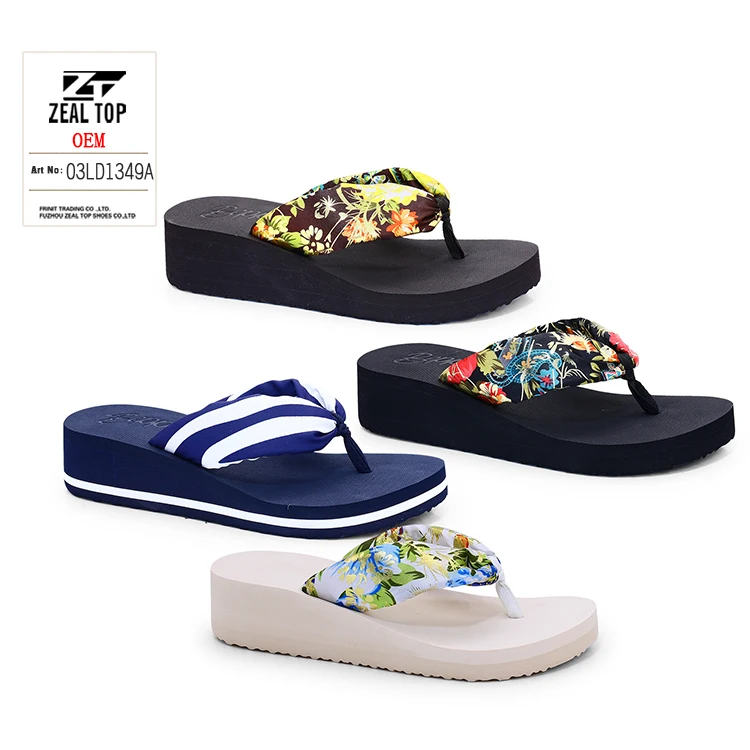 women wedge flip flops Silk cloth custom logo ladies wedge slippers flip flops beach sandals platform wedge slippers